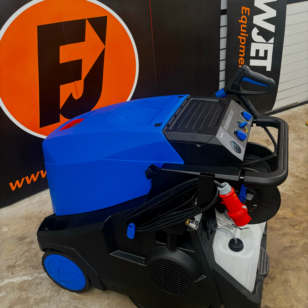 Far side view of Nilfisk MH5M Flow Actuated Pressure Washer with hose and accessories, designed for high-efficiency cleaning.