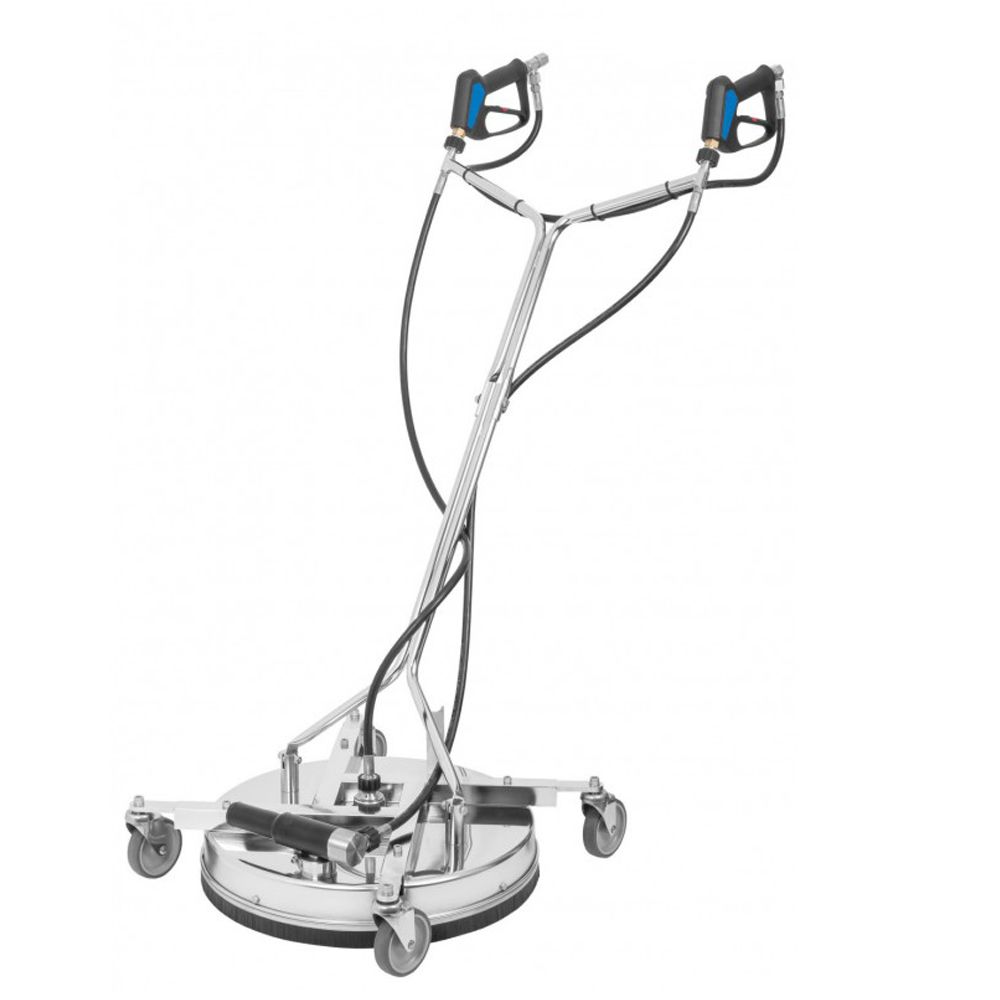 Mosmatic Aqua Pro Surface Cleaner with integrated water recovery system, 520mm diameter, adjustable stainless steel frame, stainless steel swivel castors, and dual LTF wash guns. Ideal for industrial cleaning tasks.