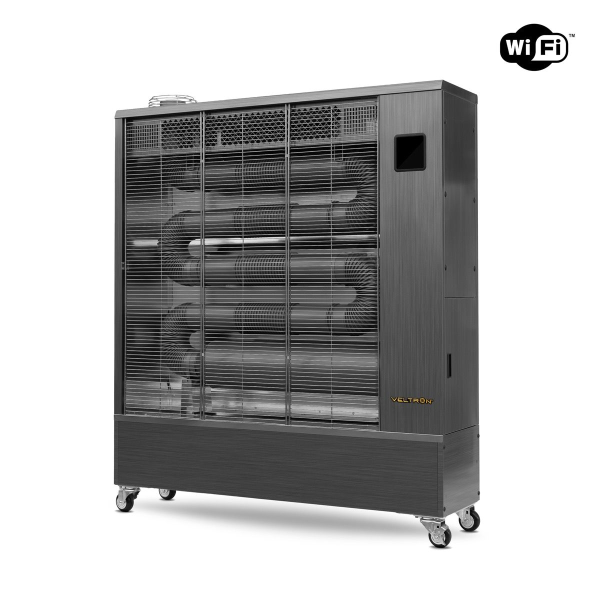 Veltron DHOE-250F infrared diesel heater with 3-inch wheels, large LCD touchscreen control panel, and portable design for large space heating.