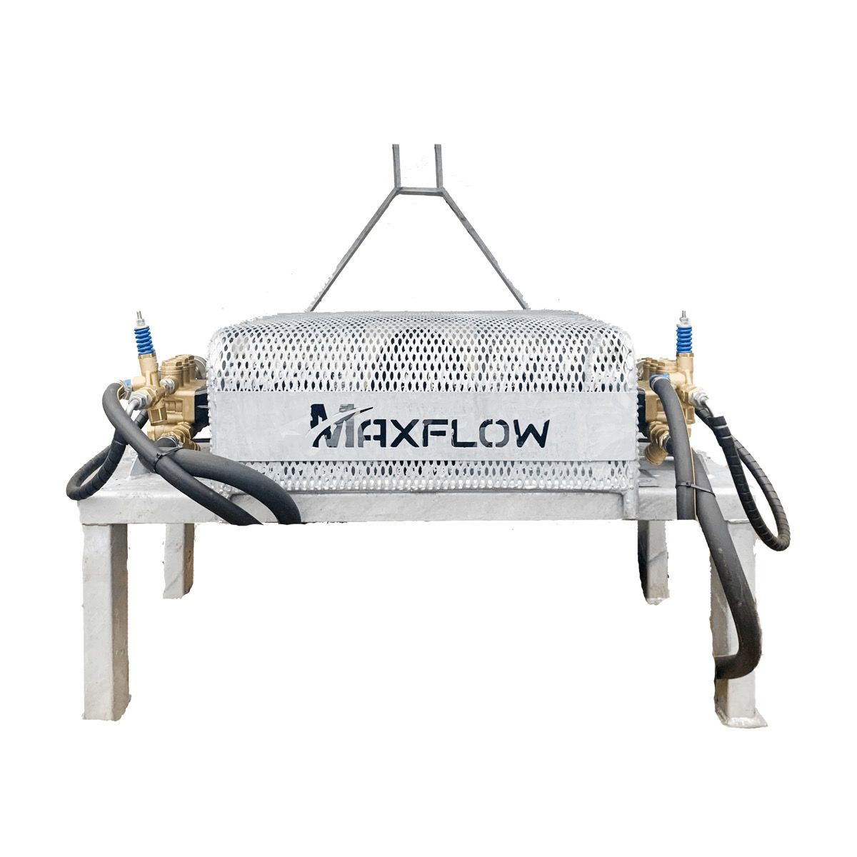  Maxflow Twin PTO Pressure Washer with dual Hawk pumps, delivering 2 x 30 LPM flow at 200 BAR. Features a galvanised frame, HTD type drive belts, unloader valves, two-stage filtration, and available with 30m or 100m twin wire hoses.