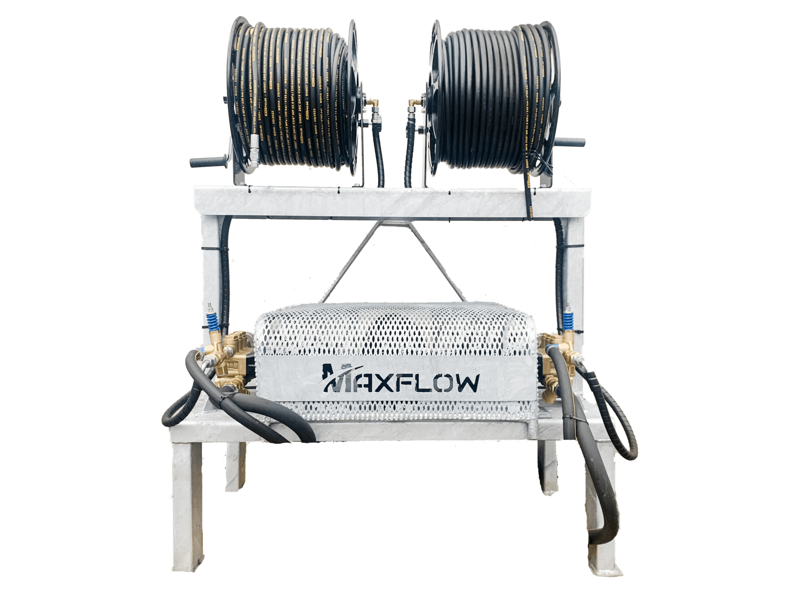 Maxflow Twin PTO Pressure Washer with dual Hawk pumps, 2 x 30 LPM flow at 200 BAR, mounted on a galvanised frame. Includes two 30-metre hose reels or optional 100-metre hoses, with two-stage filtration, metal belt guard, and 1200mm lances for powerful, ve