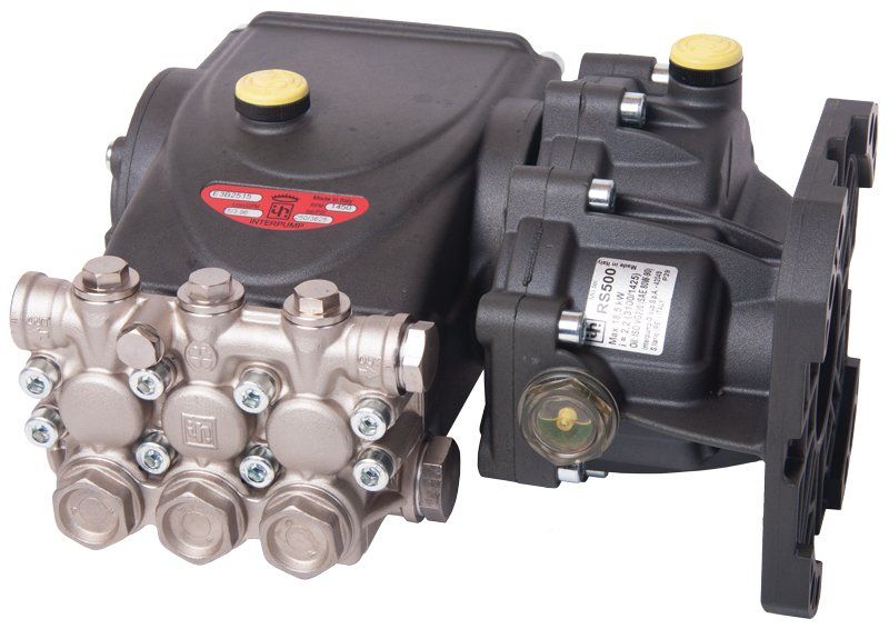 Interpump EVO 3 Pump + RS500 Gearbox Assembly (Part No: SA2118) with 210 Bar pressure, 18 LPM flow rate, 9.8 HP motor, nickel-plated brass manifold, 1” hollow shaft, and SAE J609 A-B flange. Ideal for industrial cleaning.