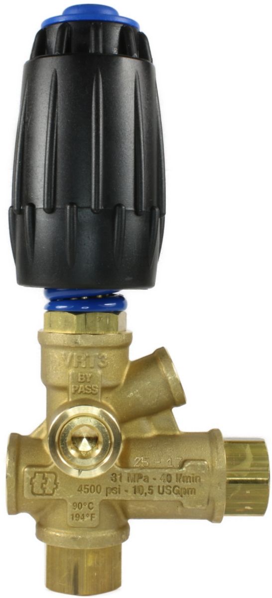 VRT3 Unloader Valve with 3/8" Female inlet and outlet, made of brass, with a black finish for high-pressure systems.