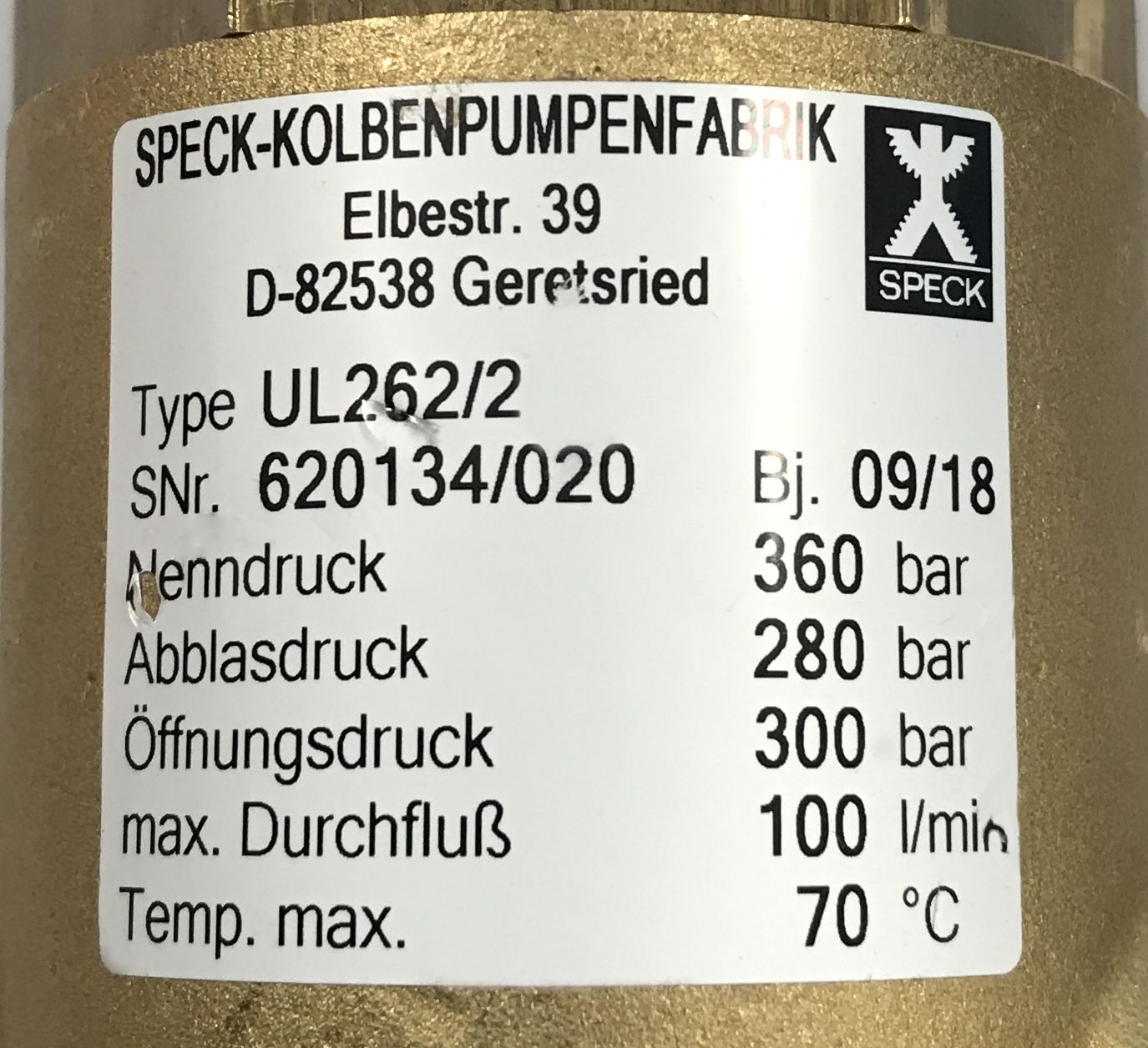 Speck Ul262/2 Unloader Valve