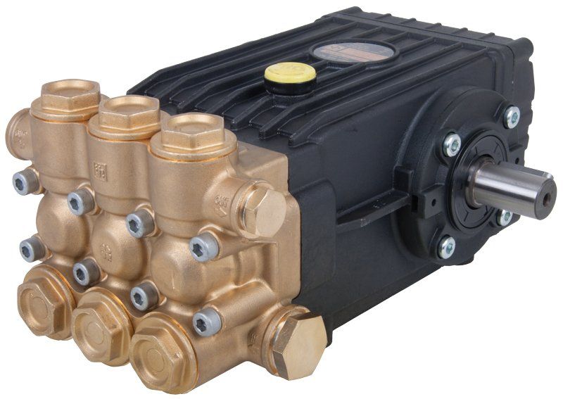 Interpump 47 Series Pump (Part No: WS1040) with 100 Bar pressure, 40 LPM flow rate, 1450 RPM, forged brass manifold, 24mm male shaft, 3/4” BSP female inlet, and 3/8” BSP female outlet. Ideal for industrial applications.